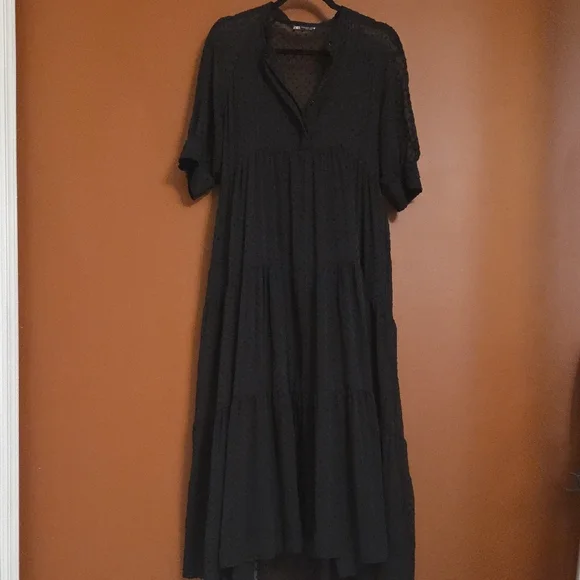 Zara Swiss Dot Long Sleeve Tiered Smocked Maxi Dress - Picture 11 of 11